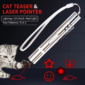Rechargeable 5-in-1 laser cat toy with 5 patterns and silver metal finish for indoor cats