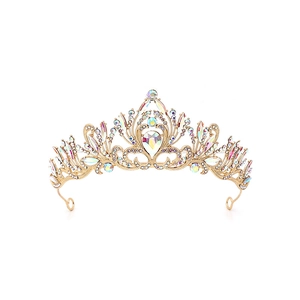 Detailed macro of golden bridal crown featuring iridescent AB rhinestones and crystals
