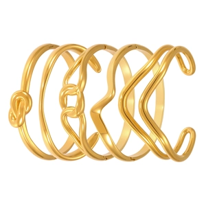 Set of 5 minimalist 18k gold plated stainless steel bangles with diverse geometric designs