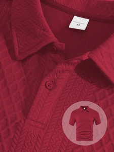 Close-up of red polo shirt featuring high-quality 3D jacquard knit fabric and neckline detail
