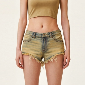 Women Vintage Distressed Denim Shorts Fringed Hem Rivet Washed Yellow Cotton Streetwear Hot Pants