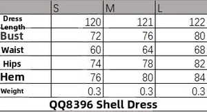 Size guide table for shell midi dress showing S to L length, bust, and waist measurements