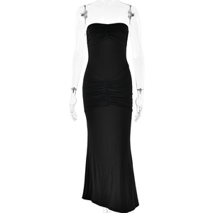 Close-up of black strapless evening dress featuring elegant ruched texture and slim fit design