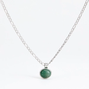 Silver necklace with oval green aventurine pendant and figaro chain on white background