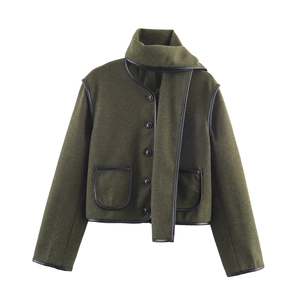 Women Short Wool Blend Jacket With Matching Scarf Leather Trim Round Neck Elegant Olive Green Casual Outerwear