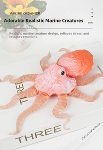 Detailed view of pink octopus squeeze toy with realistic skin texture on white book