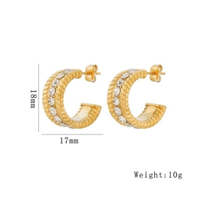 Golden twisted C-shape stainless steel earrings with sparkling zircons 18mm x 17mm