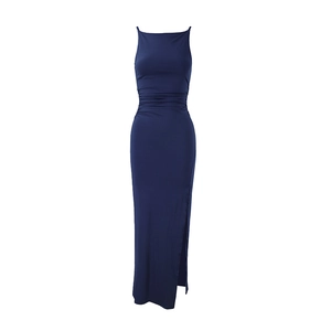 Detailed view of the navy blue dress featuring side slit and ruched waist textures