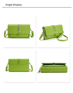 Detailed four-angle view of a bright green woven texture crossbody bag with metal buckle
