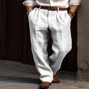 Men's white linen blend trousers with front pleats and straight leg for casual vacations