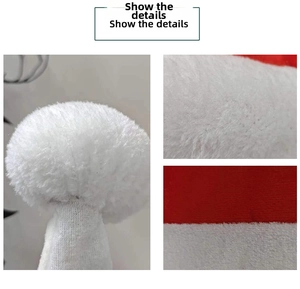 Detail showing plush white pom-pom and knitted texture of red and white striped hat