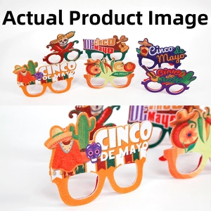 Close-up of Cinco de Mayo party glasses featuring sombrero, cactus and guitar designs