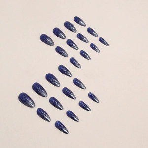 Almond shape galaxy blue glitter gradient press-on nails set with sparkling silver finish