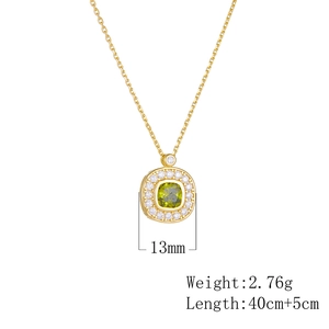Detailed view of green zircon pendant showing 13mm width and 45cm gold necklace length