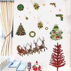 Christmas wall stickers with Santa, reindeer and tree for living room PVC decoration
