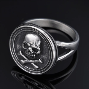Vintage silver punk skull ring with antique finish and reflection on black background