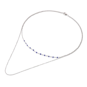 Double-layered silver chain necklace featuring blue resin enamel beads on a white background