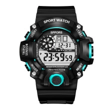 Macro detail of sport watch dial featuring triple sensor display and blue function buttons