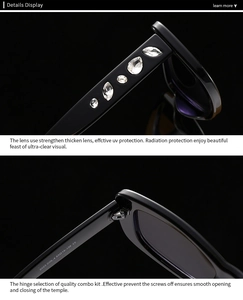 Macro view of crystal-encrusted temples and metal hinge on square sunglasses