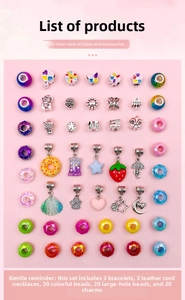 DIY jewelry kit with colorful beads, charms, and necklaces shown in an organized grid