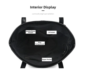 Interior layout of large black leather tote bag with functional pockets and zipper compartment