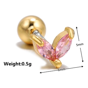 Macro detail of 6x5mm pink marquise zircon stud earring with ball screw back closure