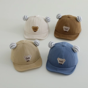 Baby Soft Brim Baseball Cap Cotton Cartoon Bear Embroidery 3D Striped Ears Sunshade Hat For Infants Toddlers