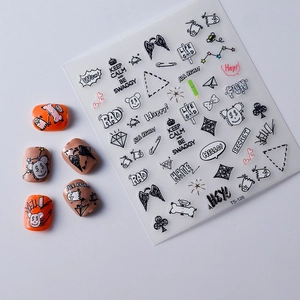 Detail of 5D nail art stickers TS-126 with black and white graffiti and wings