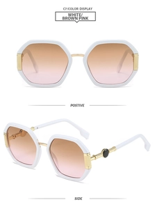 Detail view of white hexagonal sunglasses with gradient lenses and gold metal temples