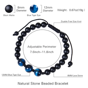 Adjustable hand-woven bracelet with 12mm blue tiger eye and 8mm matte lava stone beads