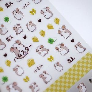 Cute cartoon hamster and cheese nail art stickers with Japanese decorative text elements