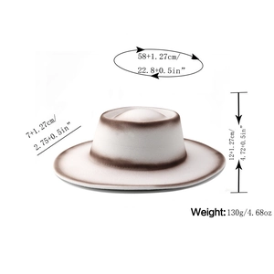 Detailed view of bicolor wool felt fedora with size specs for brim, crown, and circumference