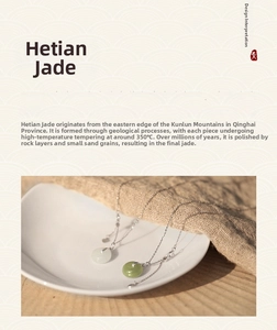 Close-up of Hetian jade Pingan Kou pendants with 18K gold plated stainless steel chain