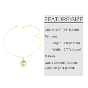 Detailed dimensions of the gold Virgin Mary heart pendant necklace with cubic zirconia