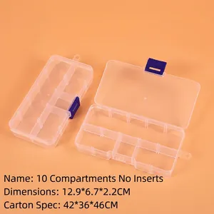 Detailed view of clear 10-compartment plastic storage box with blue buckles and 12.9cm size
