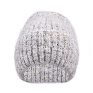 Detail of chunky knit heathered grey beanie showing soft wool blend texture and warm material