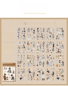 Detailed PET sticker sheet catalog with 20 vintage tea-themed girl illustrations and dimensions