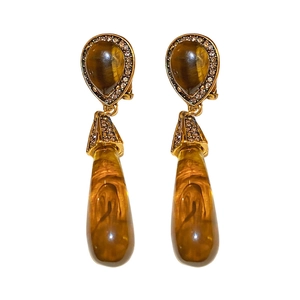 Retro amber resin teardrop earrings with gold plating and sparkling rhinestones for women