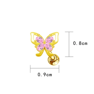 Detailed size view of a golden butterfly stud earring with pink zircon wings, 0.9x0.8cm