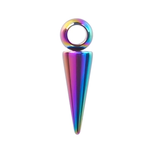 Macro detail of rainbow colored stainless steel conical pendant with polished finish