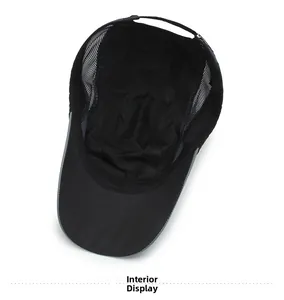 Detailed interior view of a black quick-dry sports mesh cap showing seams and strap