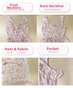 Detailed views of V-neckline, back zipper, floral chiffon fabric, and hidden pockets on dress
