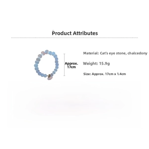 Detailed view of beaded bracelet featuring light blue cat eye stone and chalcedony beads