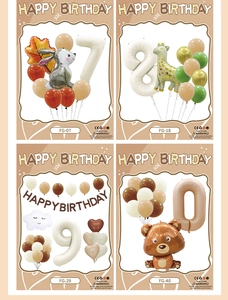 Four sets of birthday balloon kits with foil numbers and cartoon animal shapes