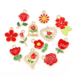 Red rose and tulip alloy flower charms with gold plating and enamel for DIY jewelry making