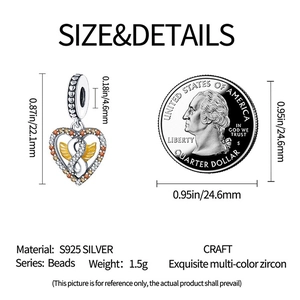 Detailed size specifications of S925 silver heart wing charm with multicolor zircons