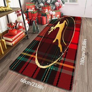 Detail view of 60x180cm Christmas runner rug with reindeer silhouette and plaid pattern