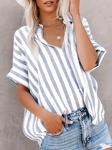 Detail of blue and white striped v-neck short sleeve shirt with button front and cuffed sleeves