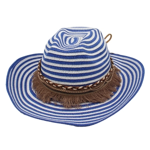 Ethnic western cowboy straw hat featuring blue white stripes and tassel leather band