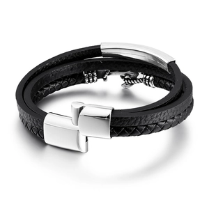 Men's multilayer black leather anchor bracelet with silver dragon metal pendant